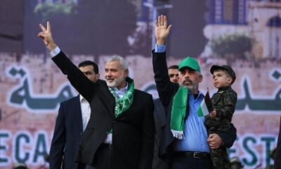 Hamas leaders Ismail Haniyeh and Yahya Sinwar. Credit: ‘ישראל היום’ FB page.